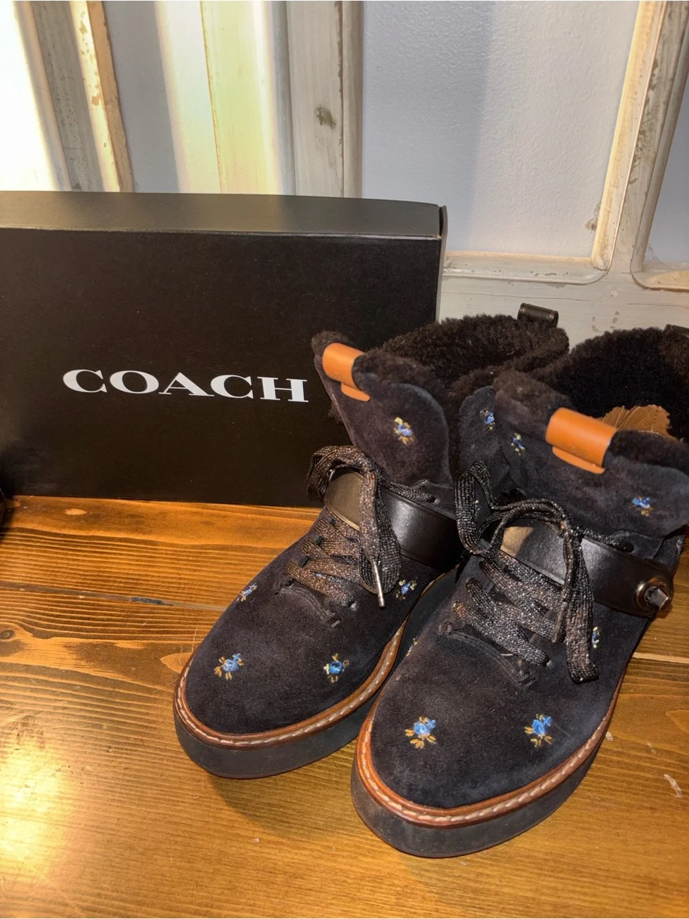 Coach Black Suede Embroidered Lace-Up Boots with Brown Trim